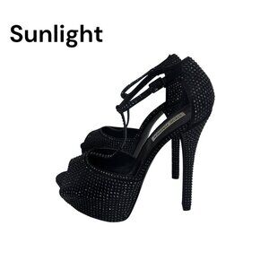 Steve Madden Rhinestone-Studded Black Peep Toe Stiletto Heels Womens SZ 9M